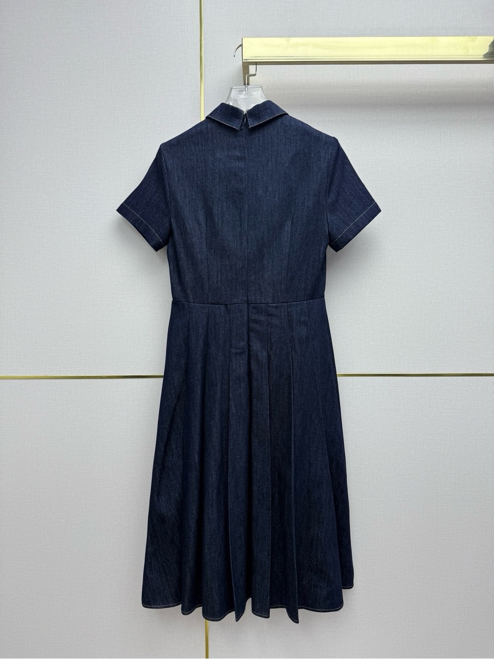Loewe Dark Blue Denim Short-Sleeve Pleated Midi Dress with Gold Buttons - Picture 7 of 8